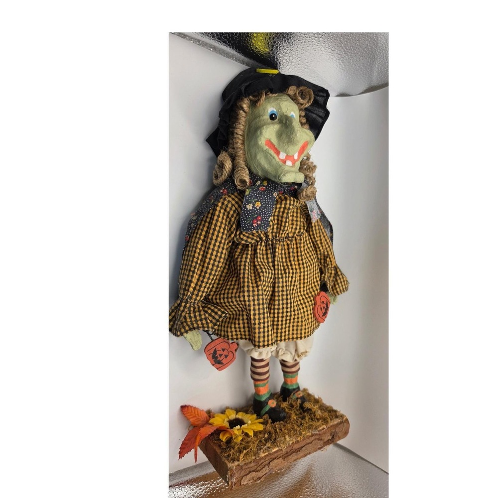 Primitive Halloween Witch Figurine Wood Base Gingham Dress Moss 12 Inch Folkart